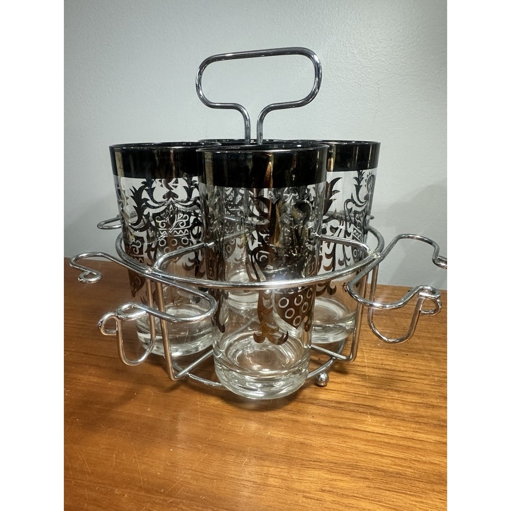 Vintage Kimiko Knight Highball Glass 4 Tumbler Set‎ w/ Caddy Knight Barware MCM